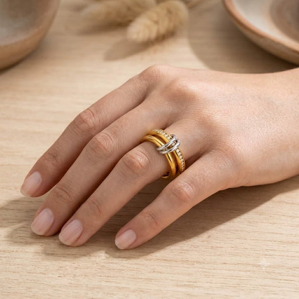 Geometric Multilayer Stackable Stainless Steel Ring With Goldplated Vacuum Electroplated Finish For Unisex Everyday Jewelry