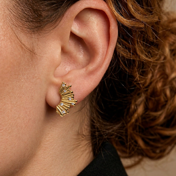 Geometric Multilayer Zirconia Stud Earrings For Women Stainless Steel Titanium Steel With Vacuum Gold Plated Finish