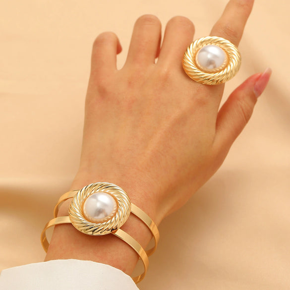Geometric Opening Leopard Print Alloy Bracelet Ring Twopiece Set Exaggerated Adjustable For Women Electroplated