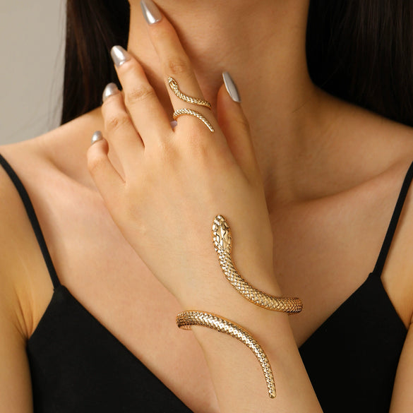 Geometric Opening Leopard Print Alloy Bracelet Ring Twopiece Set Exaggerated Adjustable For Women Electroplated