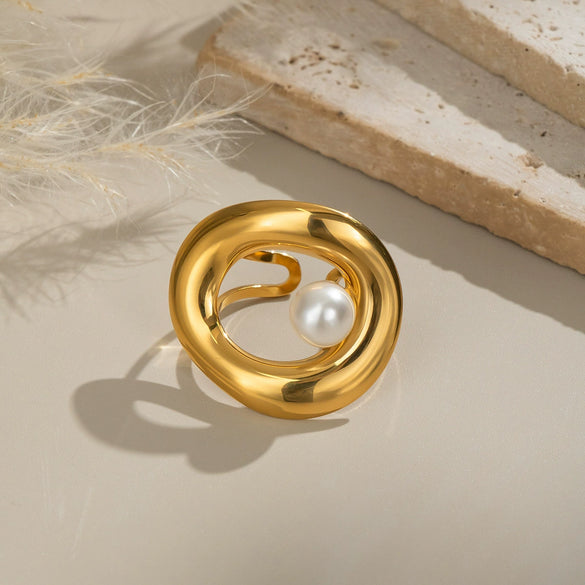Geometric Pearl Open Ring Stainless Steel Jewelry Accessories With Electroplating For Women