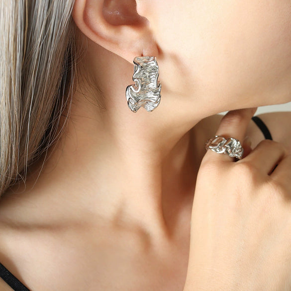 Geometric Pleated Texture 316L Stainless Steel Gold Plated Earrings For Women