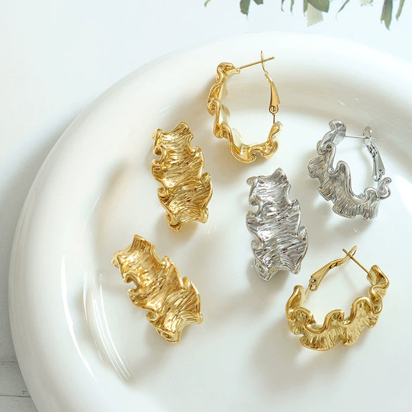 Geometric Pleated Texture 316L Stainless Steel Gold Plated Earrings For Women