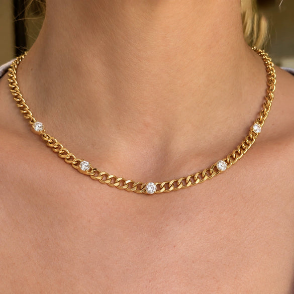 Geometric Pvd Vacuum Gold Plated Stainless Steel Necklace With Zircon Chain And Lobster Clasp For Women