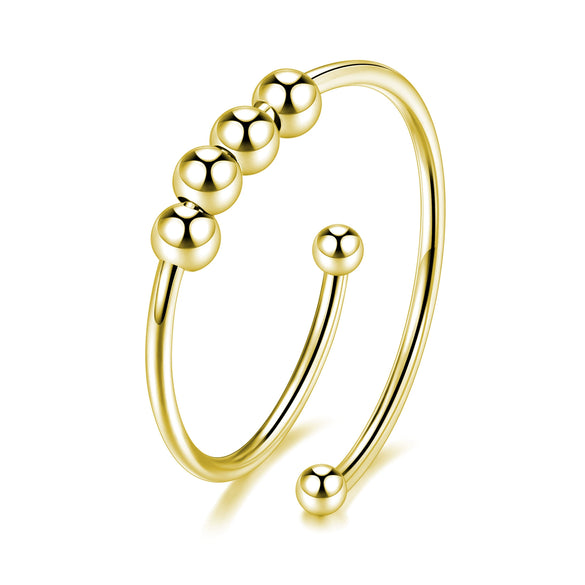 Geometric Spiral Bead Rotating Open Ring Brass And White Steel Electroplated Adjustable Unisex Anxiety Relief Jewelry