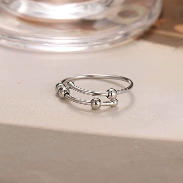 Geometric Spiral Bead Rotating Open Ring Brass And White Steel Electroplated Adjustable Unisex Anxiety Relief Jewelry