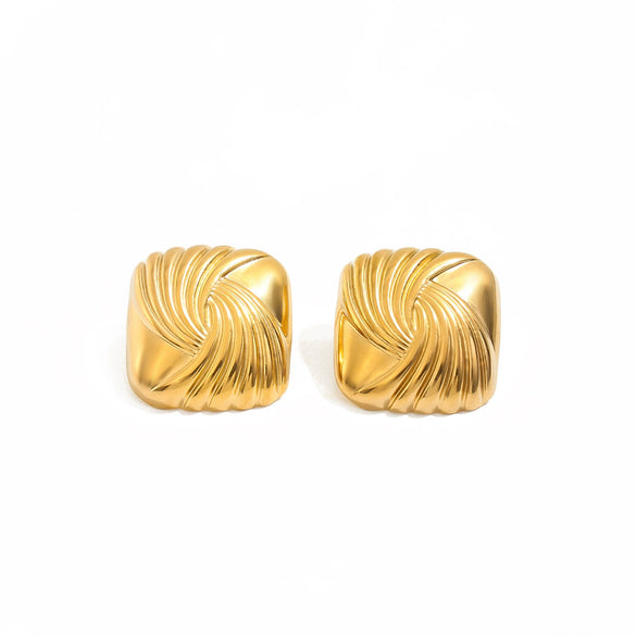 Geometric Square Gold Plated Stainless Steel Stud Earrings With Retro Spiral Line Design For Women