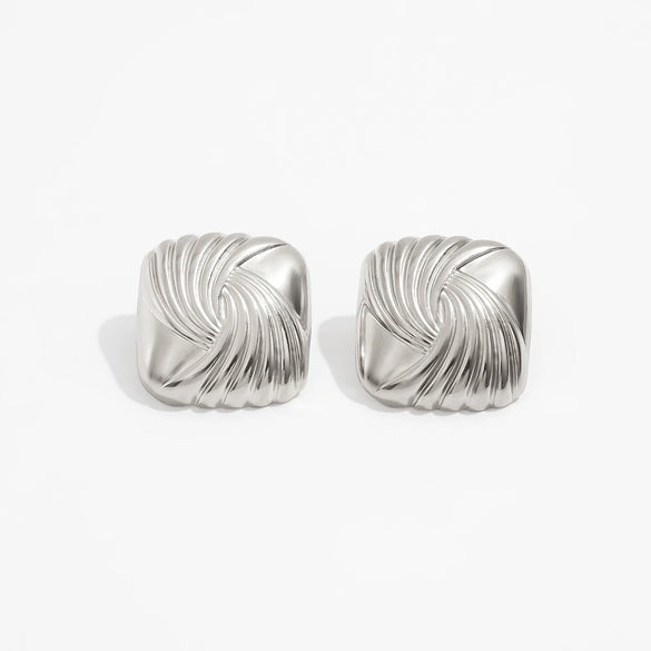 Geometric Square Gold Plated Stainless Steel Stud Earrings With Retro Spiral Line Design For Women