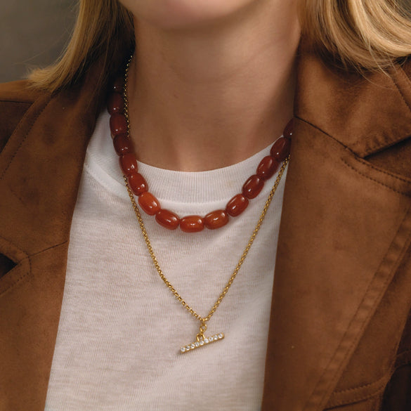 Geometric Stainless Steel Beaded Necklace With Freshwater Pearls And Pvd Gold Plating For Women