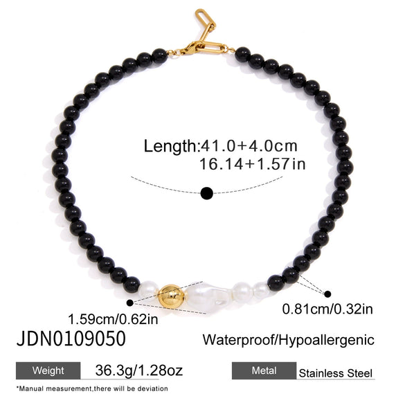 Geometric Stainless Steel Beaded Necklace With Freshwater Pearls And Pvd Gold Plating For Women