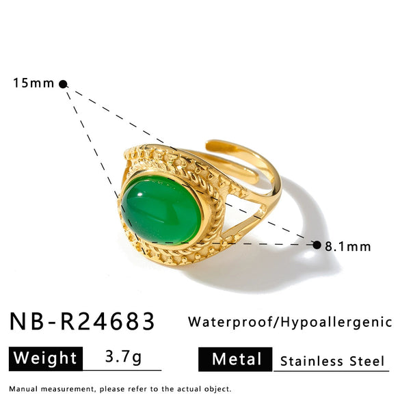 Geometric Stainless Steel Bracelet And Ring Set With Rhinestones Natural Stones And Gold Tone Vacuum Plated Finish