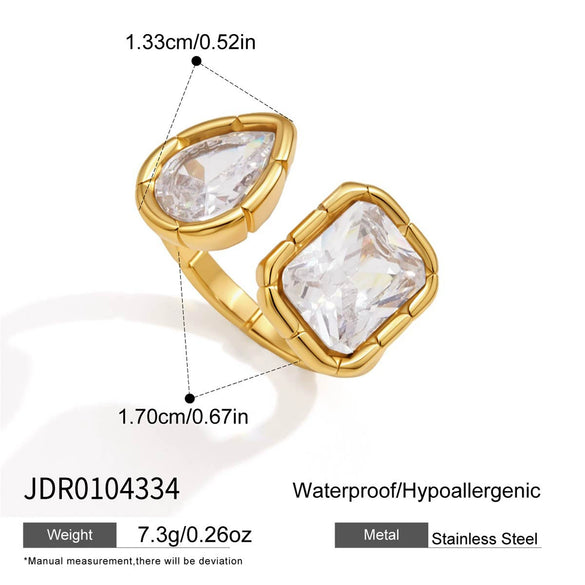 Geometric Stainless Steel Ring For Women With Ribbed Edge And Zircon Accents Pvd Vacuum Gold Plated Hypoallergenic Jewelry