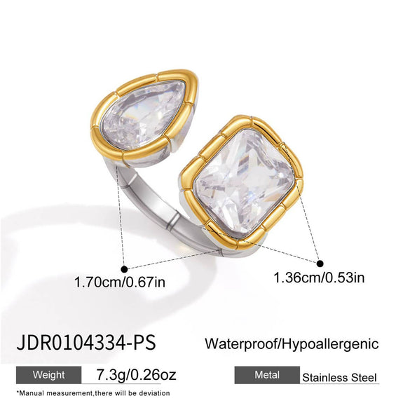 Geometric Stainless Steel Ring For Women With Ribbed Edge And Zircon Accents Pvd Vacuum Gold Plated Hypoallergenic Jewelry