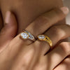 Geometric Stainless Steel Ring For Women With Ribbed Edge Zircon Accent And Pvd Vacuum Gold Plating