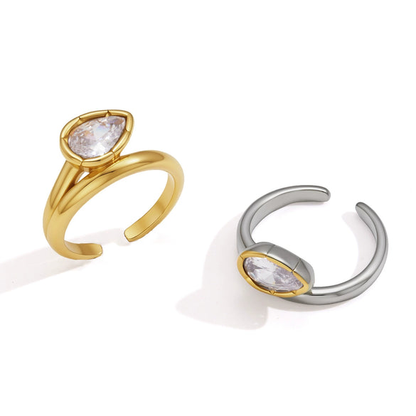 Geometric Stainless Steel Ring For Women With Ribbed Edge Zircon Accent And Pvd Vacuum Gold Plating