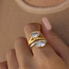 Geometric Stainless Steel Ring For Women With Ribbed Edge Zircon Accent And Pvd Vacuum Gold Plating