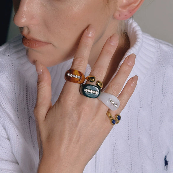 Geometric Stainless Steel Ring With Resin Diamond Detail Hypoallergenic Pvd Vacuum Gold Plated Jewelry For Women