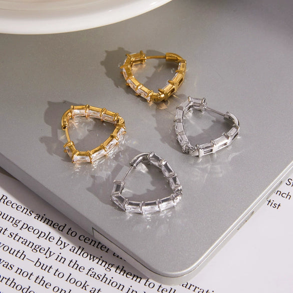 Geometric Stainless Steel Zircon Clip On Earrings For Women Elegant Electroplated Non Fading Light Luxury Jewelry