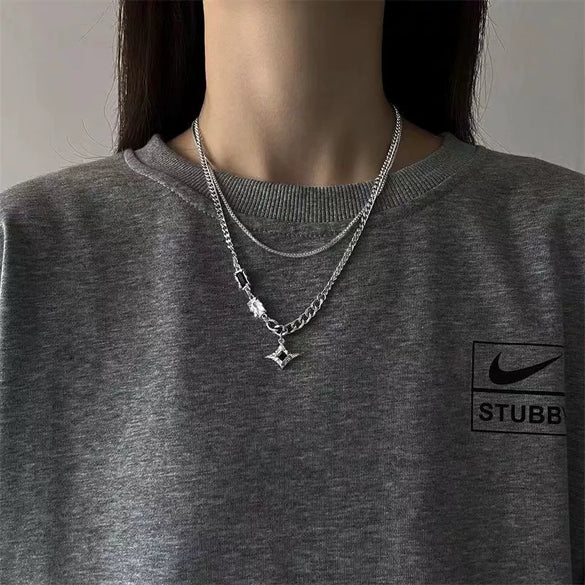 Geometric Star Pendant Necklace In Titanium Steel With Black Zircon Detail Minimalist Unisex Fashion Jewelry