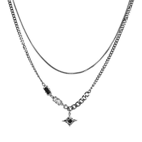 Geometric Star Pendant Necklace In Titanium Steel With Black Zircon Detail Minimalist Unisex Fashion Jewelry
