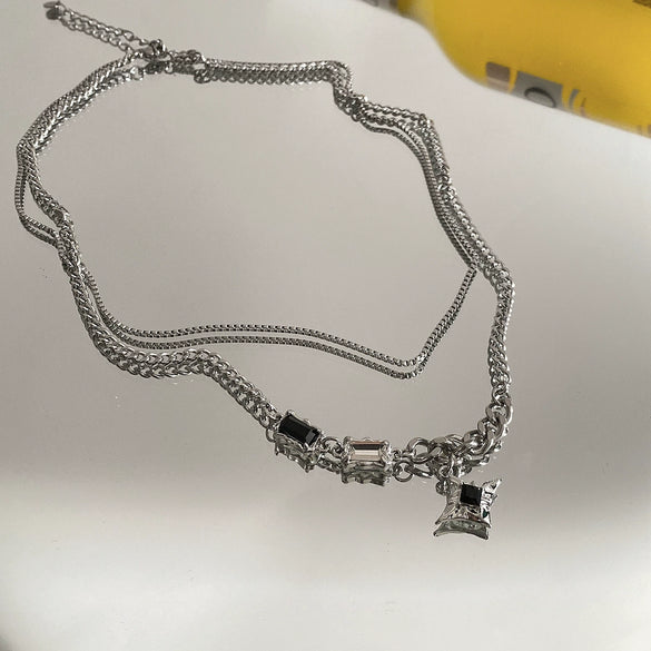 Geometric Star Pendant Necklace In Titanium Steel With Black Zircon Detail Minimalist Unisex Fashion Jewelry