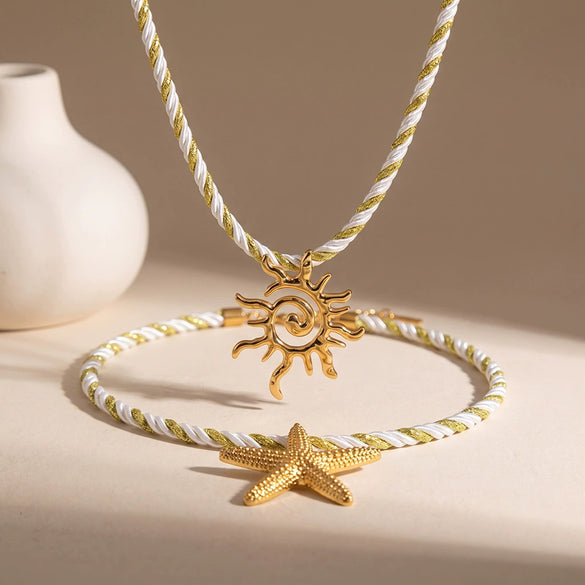 Geometric Starfish Pendant Stainless Steel Necklace For Women With Electroplated Finish And Rope Chain
