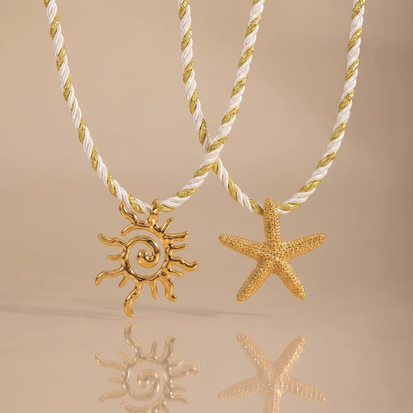 Geometric Starfish Pendant Stainless Steel Necklace For Women With Electroplated Finish And Rope Chain