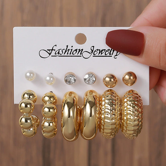 Geometric Stud Earrings Set Imitation Pearl Dot Diamond Elegant Electroplated Women's Jewelry