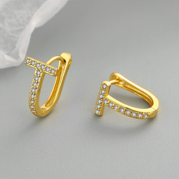 Geometric T Shaped Diamond Studded Earrings In S925 Sterling Silver With Electroplated Finish