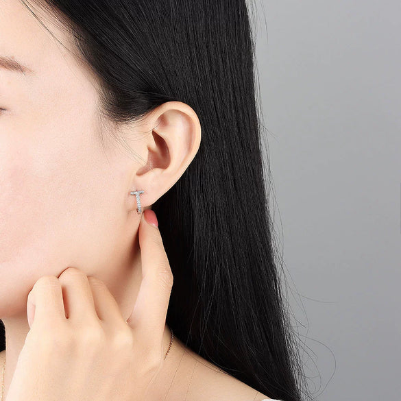 Geometric T Shaped Diamond Studded Earrings In S925 Sterling Silver With Electroplated Finish