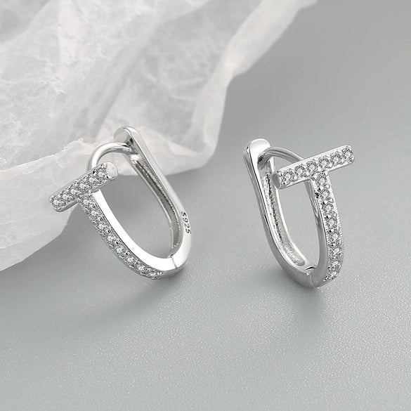 Geometric T Shaped Diamond Studded Earrings In S925 Sterling Silver With Electroplated Finish