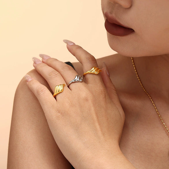 Geometric Texture Open Ring Titanium Steel 18K Gold Plated Jewelry
