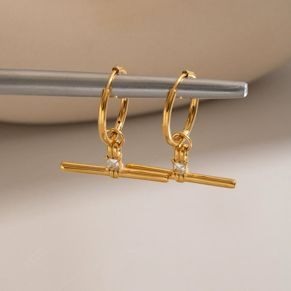 Geometric Tshaped Zircon Pendant Earrings With Stainless Steel Posts And Pvd Vacuum Gold Plated Finish For Women