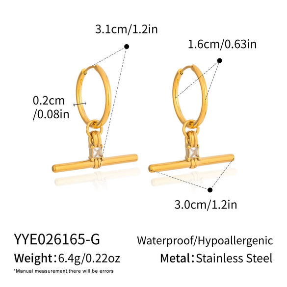 Geometric Tshaped Zircon Pendant Earrings With Stainless Steel Posts And Pvd Vacuum Gold Plated Finish For Women