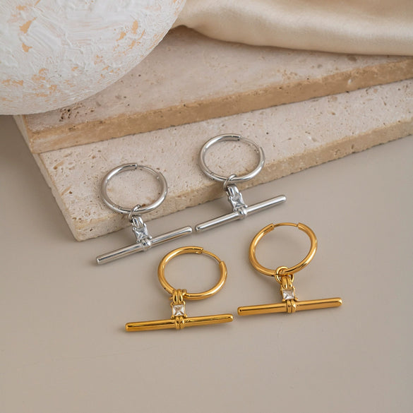 Geometric Tshaped Zircon Pendant Earrings With Stainless Steel Posts And Pvd Vacuum Gold Plated Finish For Women