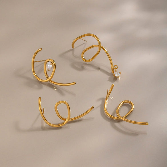 Geometric Twisted Stainless Steel Stud Earrings With Teardrop Zircon Accents Minimalist 18K Goldplated Jewelry For Women