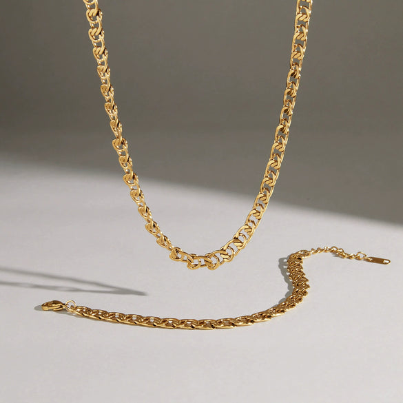 Geometric Vacuum Gold Plated Stainless Steel Necklace And Bracelet Jewelry Set For Women With Lobster Clasp