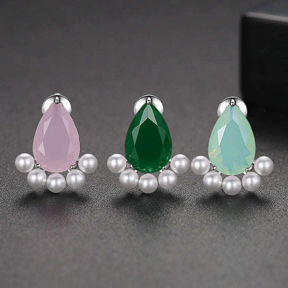 Geometric Water Drop Earrings With Zircon And Pearl Accents Electroplated Copper Women's Fashion Jewelry