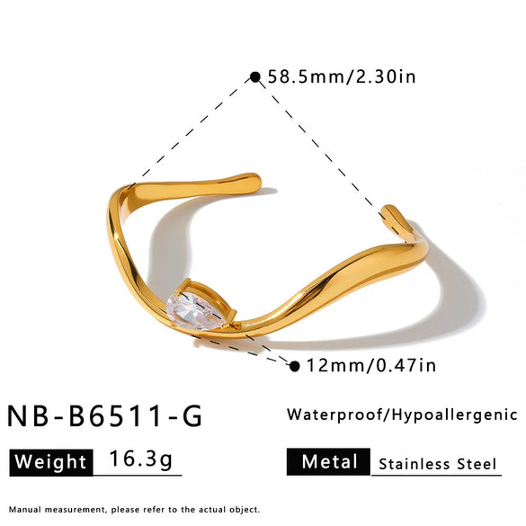 Geometric Water Drop Stainless Steel Bracelet For Women With Zircon Inlay And 18K Gold Vacuum Plated Finish