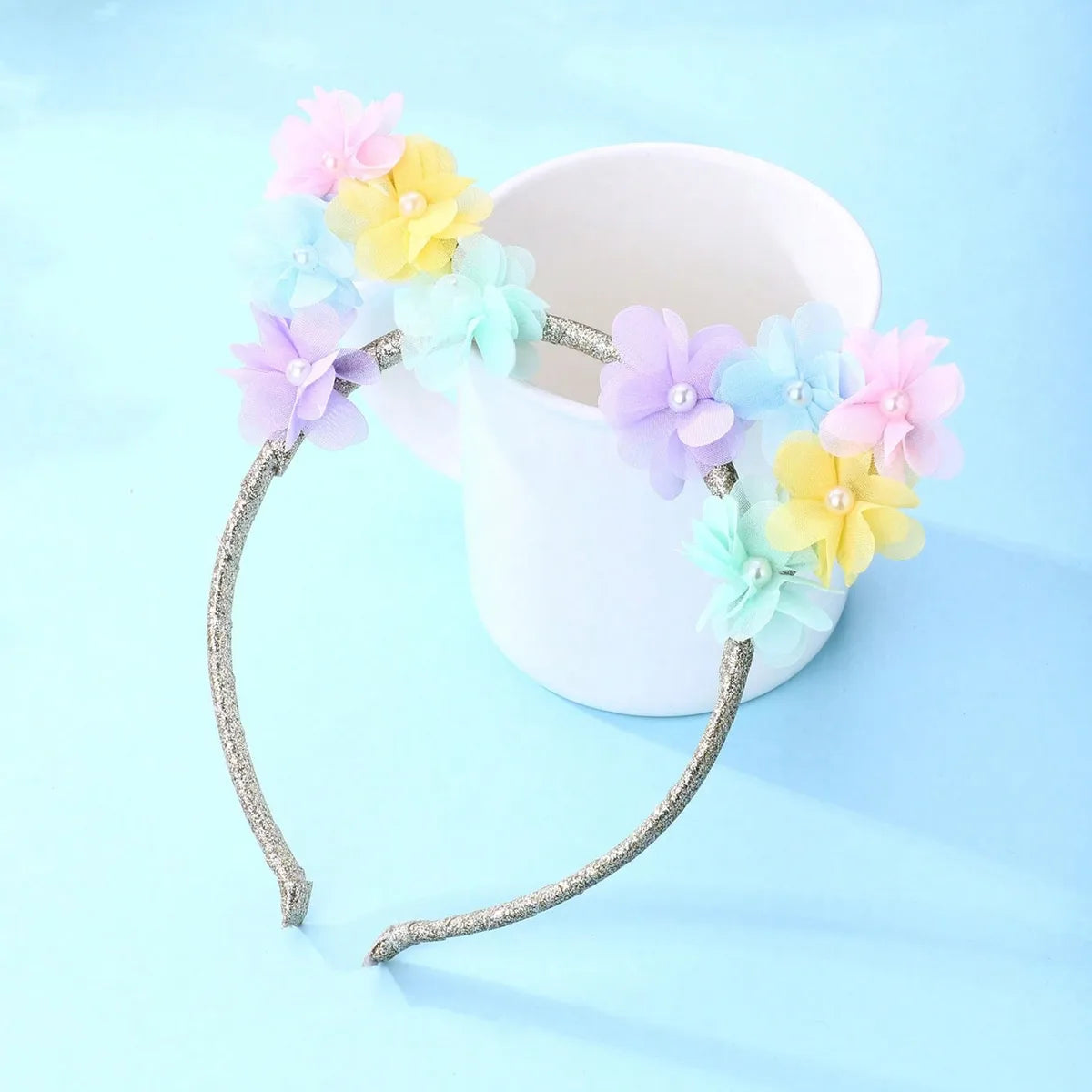 Girl'S Cute Lady Sweet Flower Synthetic Yarn Polyester Rib Iron Inlay Artificial Pearls Hair Band