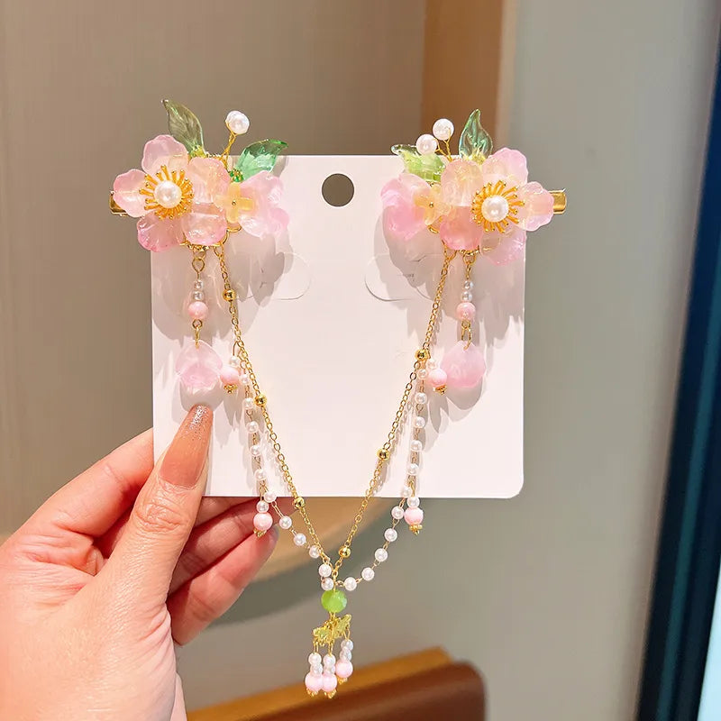 Girl'S IG Style Sweet Leaves Flower Cloth Rhinestone Tassel Pearl Hair Clip