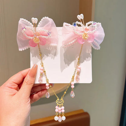 Girl'S IG Style Sweet Leaves Flower Cloth Rhinestone Tassel Pearl Hair Clip