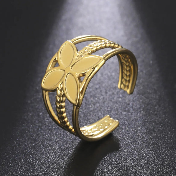 Girlfriends Same Gift Elegant 18k Real Gold Plating Non-fading Four-petal Flower Twine Rope Open Stainless Steel Ring