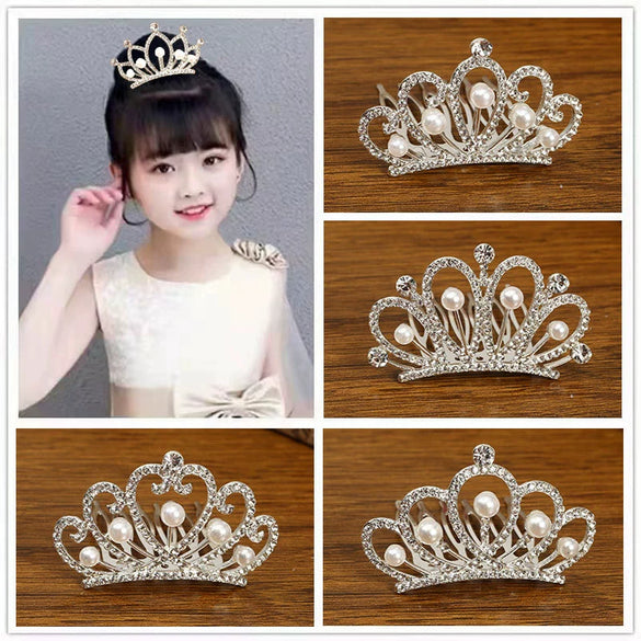 Girls Alloy Plating Silver Electroplating Pearl Rhinestone Crown Headdress Jewelry Comb