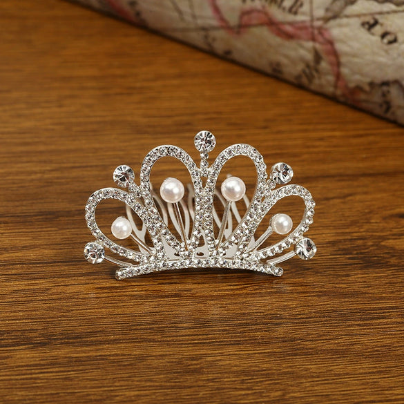 Girls Alloy Plating Silver Electroplating Pearl Rhinestone Crown Headdress Jewelry Comb
