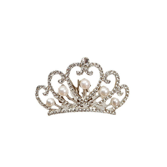 Girls Alloy Plating Silver Electroplating Pearl Rhinestone Crown Headdress Jewelry Comb