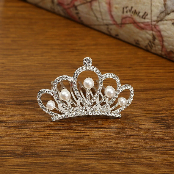 Girls Alloy Plating Silver Electroplating Pearl Rhinestone Crown Headdress Jewelry Comb