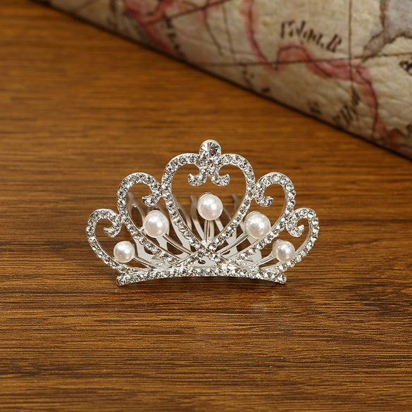 Girls Alloy Plating Silver Electroplating Pearl Rhinestone Crown Headdress Jewelry Comb