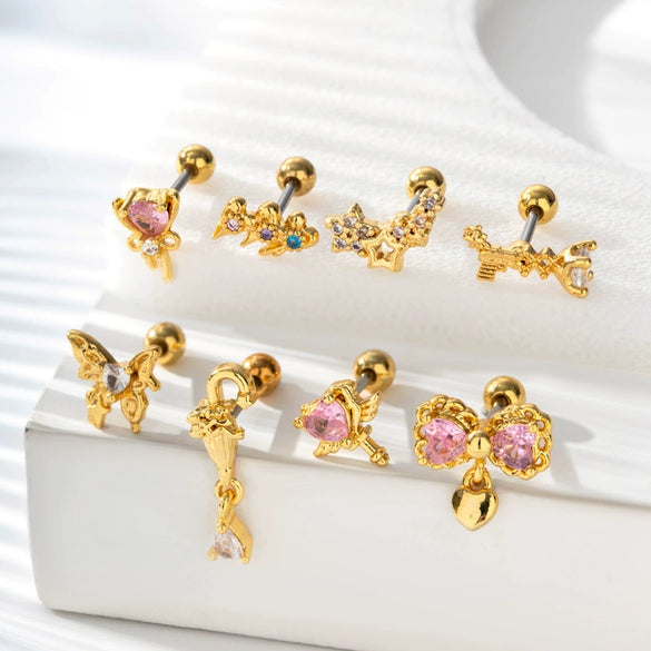 Girls Cochlear Ear Studs Copper Inlaid Zircon Pink Love Bow Titanium Steel Electroplated Flower Pattern