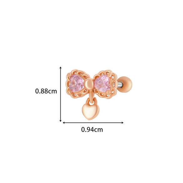 Girls Cochlear Ear Studs Copper Inlaid Zircon Pink Love Bow Titanium Steel Electroplated Flower Pattern